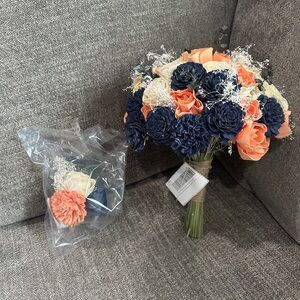 Sola wood flowers, brand new with tags, coral and navy, bouquet and boutonniere